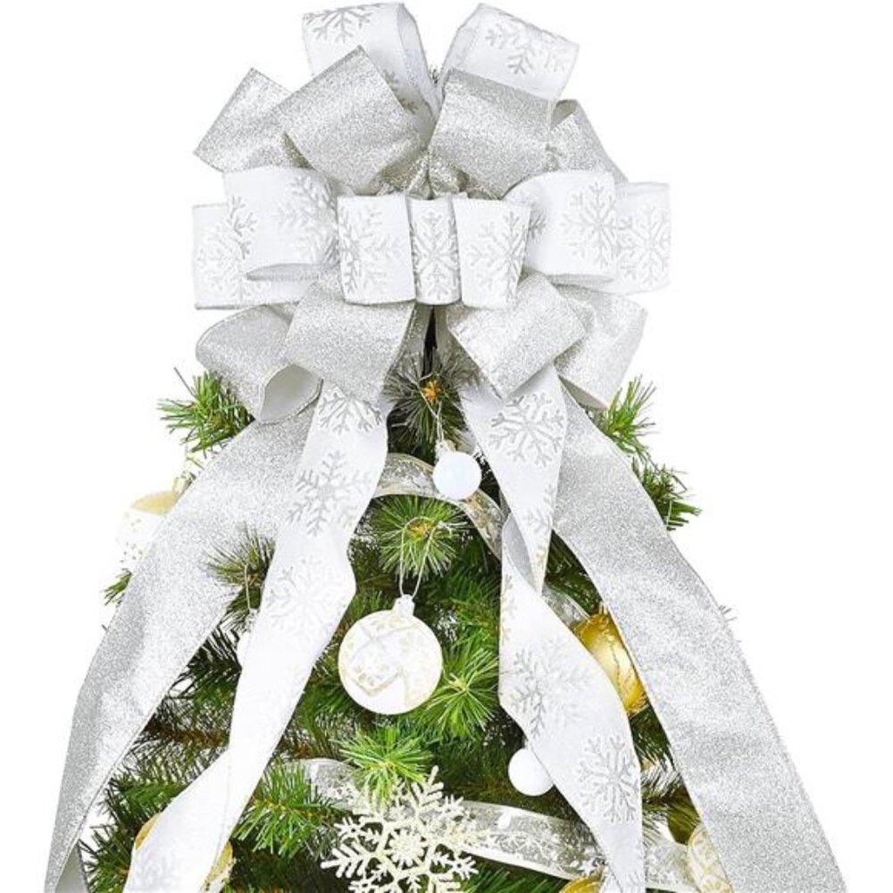 40x13 Inches Toppers Bow with Glitter Satin Mesh Streamer and Patterned White